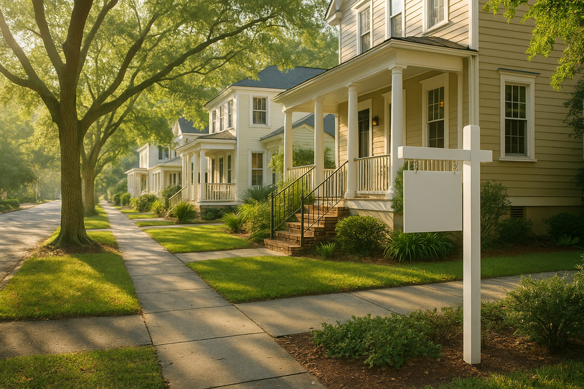 A calm South Carolina neighborhood street with Lowcountry homes on a bright morning