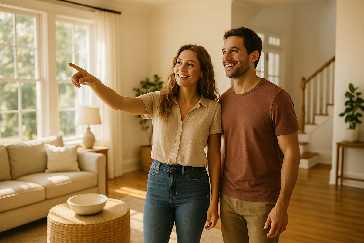 A hopeful young couple touring the bright sunlit interior of an attainable Lowcountry Charleston home on a summer morning