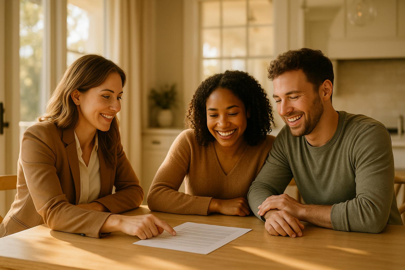 A real estate agent and a happy young couple reviewing a home offer together at a sunlit kitchen table in a Charleston home
