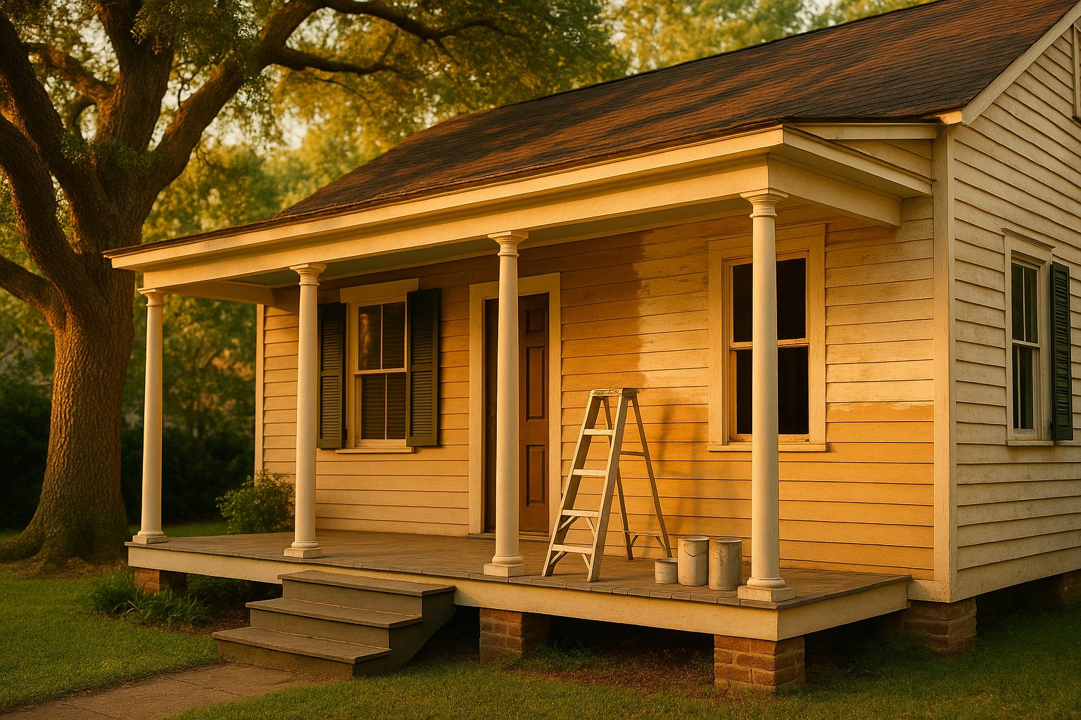 An older Lowcountry cottage near Charleston mid-renovation at golden hour — a classic Southern front porch being freshly painted, a stepladder and paint cans on the porch, lush green yard with a live oak