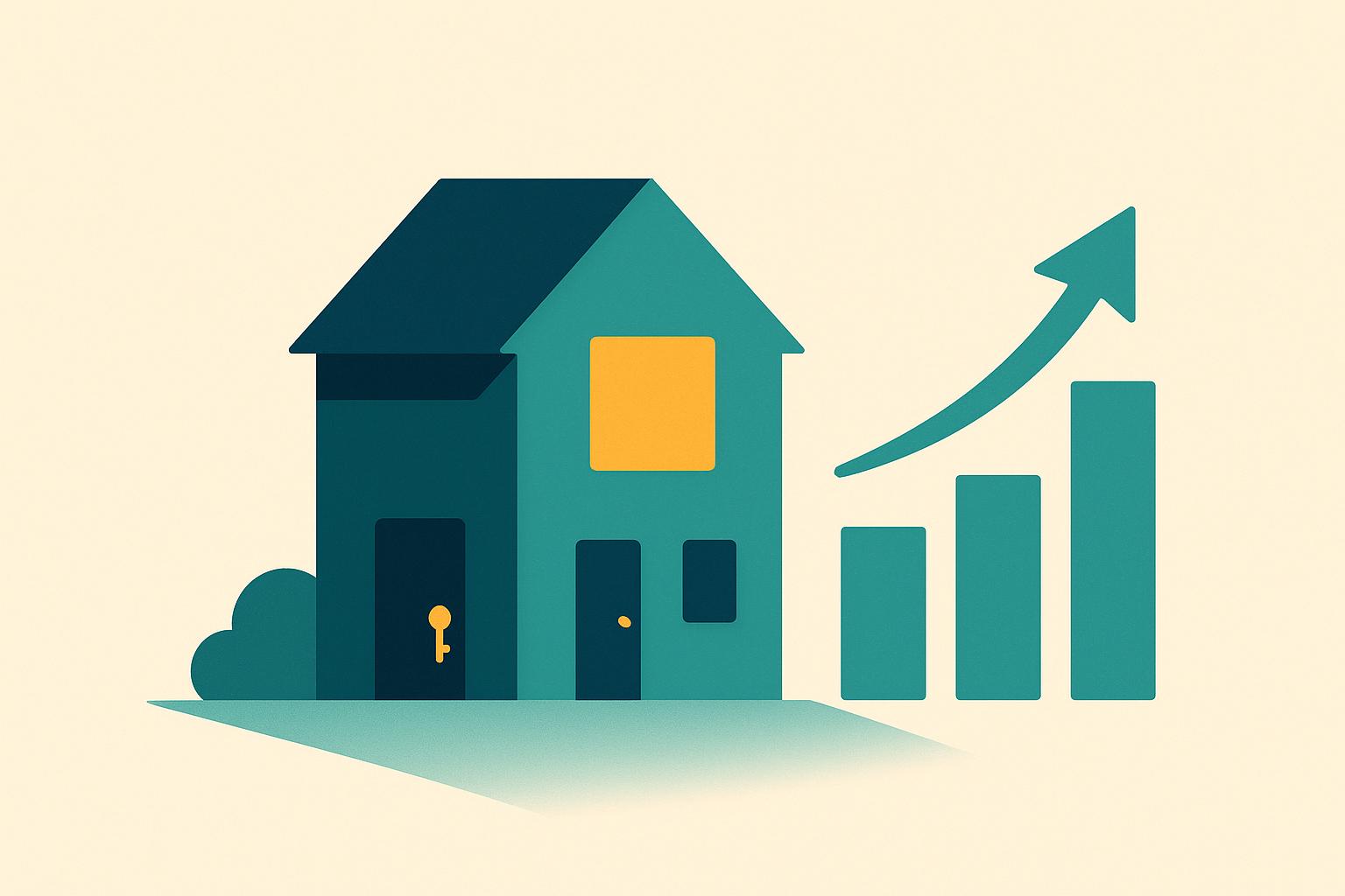 A clean teal, navy, cream and amber illustration of a home beside a rising bar chart, representing increased mortgage qualifying power from boarder income