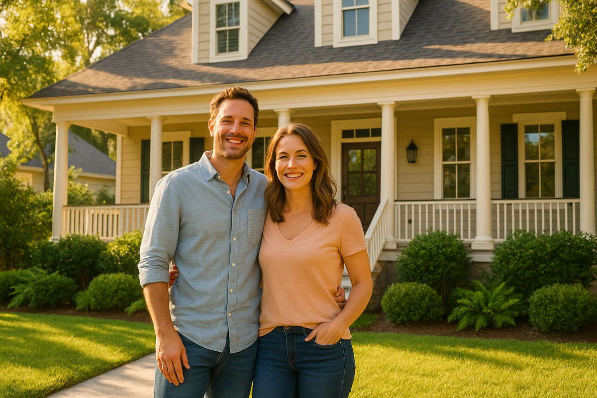 A confident couple smiling in front of a welcoming Lowcountry South Carolina home on a sunny summer morning