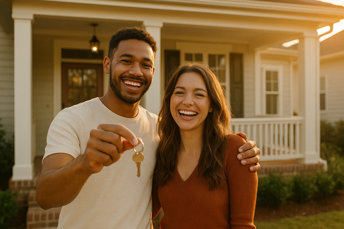 A happy couple holding keys in front of their new Southern home in warm sunlight