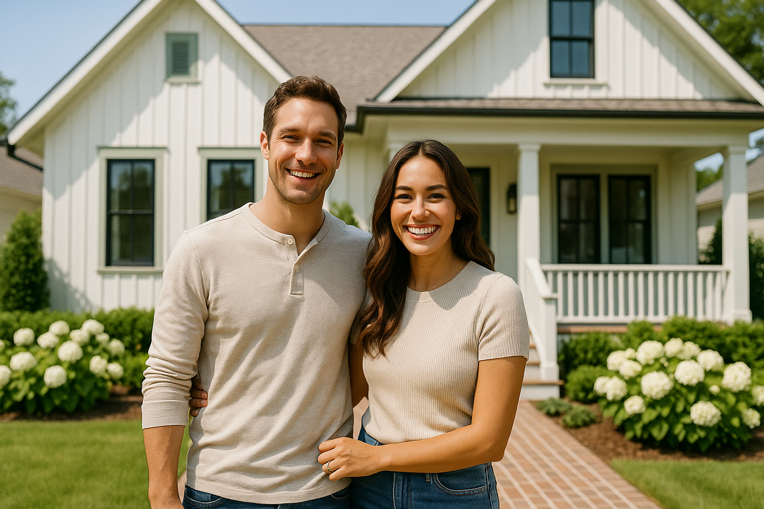 First-time homebuyer couple with their loan officer in front of a Charleston cottage