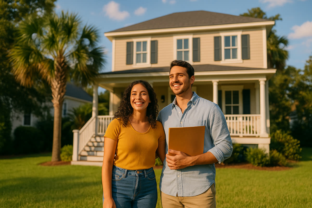 A hopeful couple in front of an attainable Lowcountry Charleston home on a bright summer morning