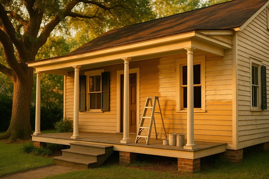 An older home with a ladder on the porch, mid-renovation