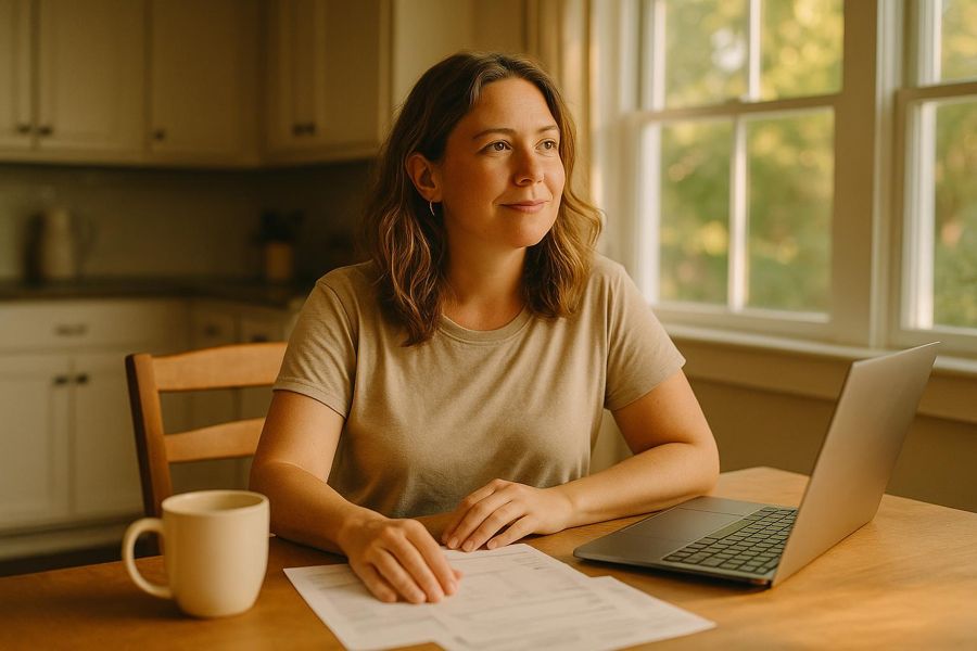 A woman reviewing paperwork at her kitchen table