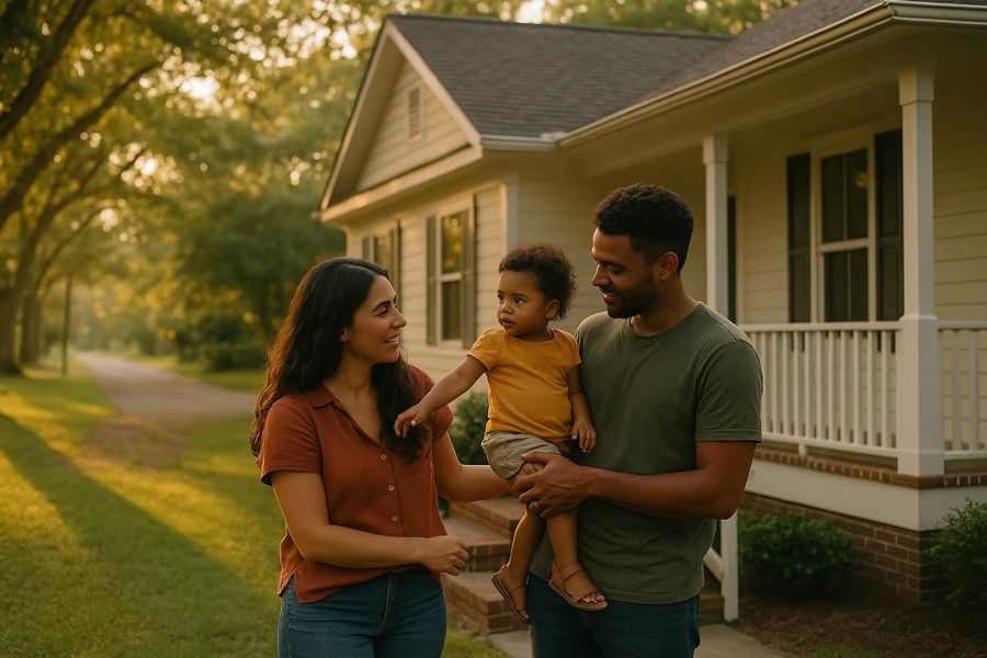 A family outside their home in the country